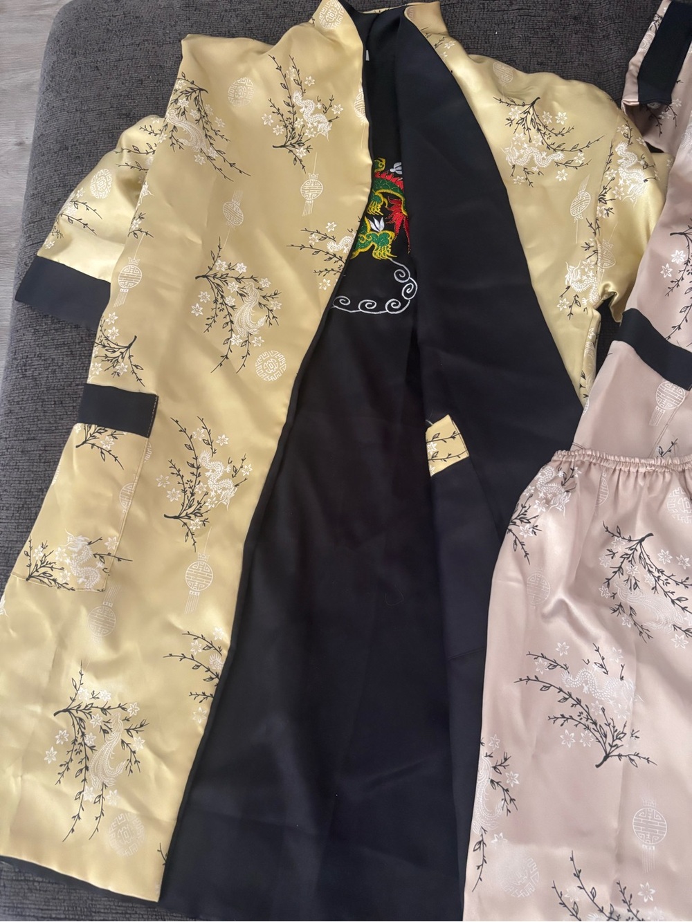 Elegant Floral Kimono Set in Gold and Cream